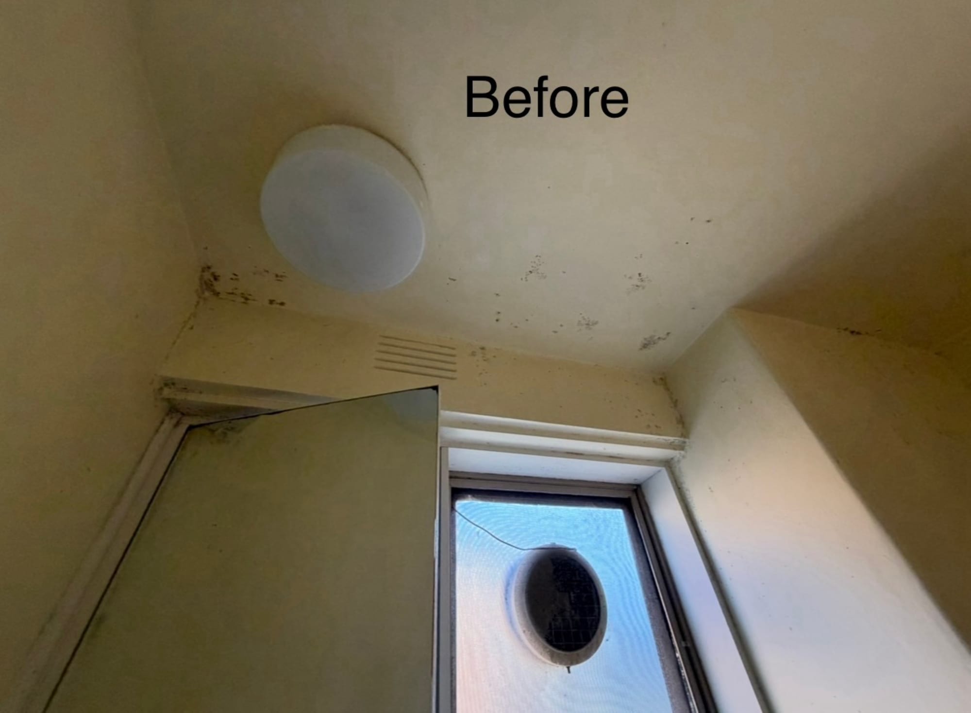 Bathroom ceiling with water stains and mould before
