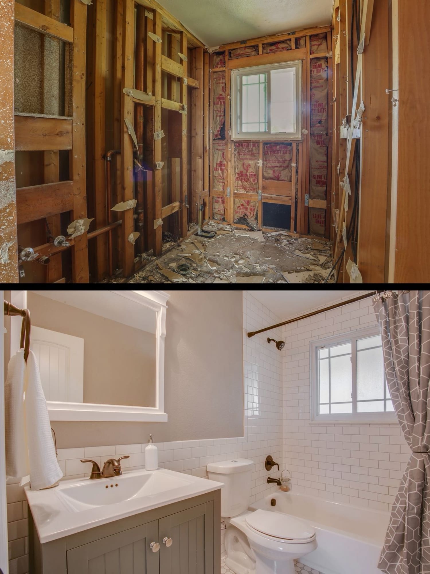 Bathroom before and after, from gutted to a finished remodel