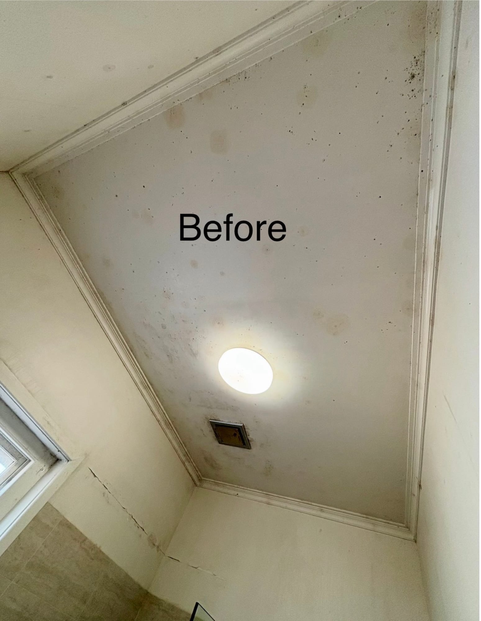 Ceiling with stains and water damage before treatment