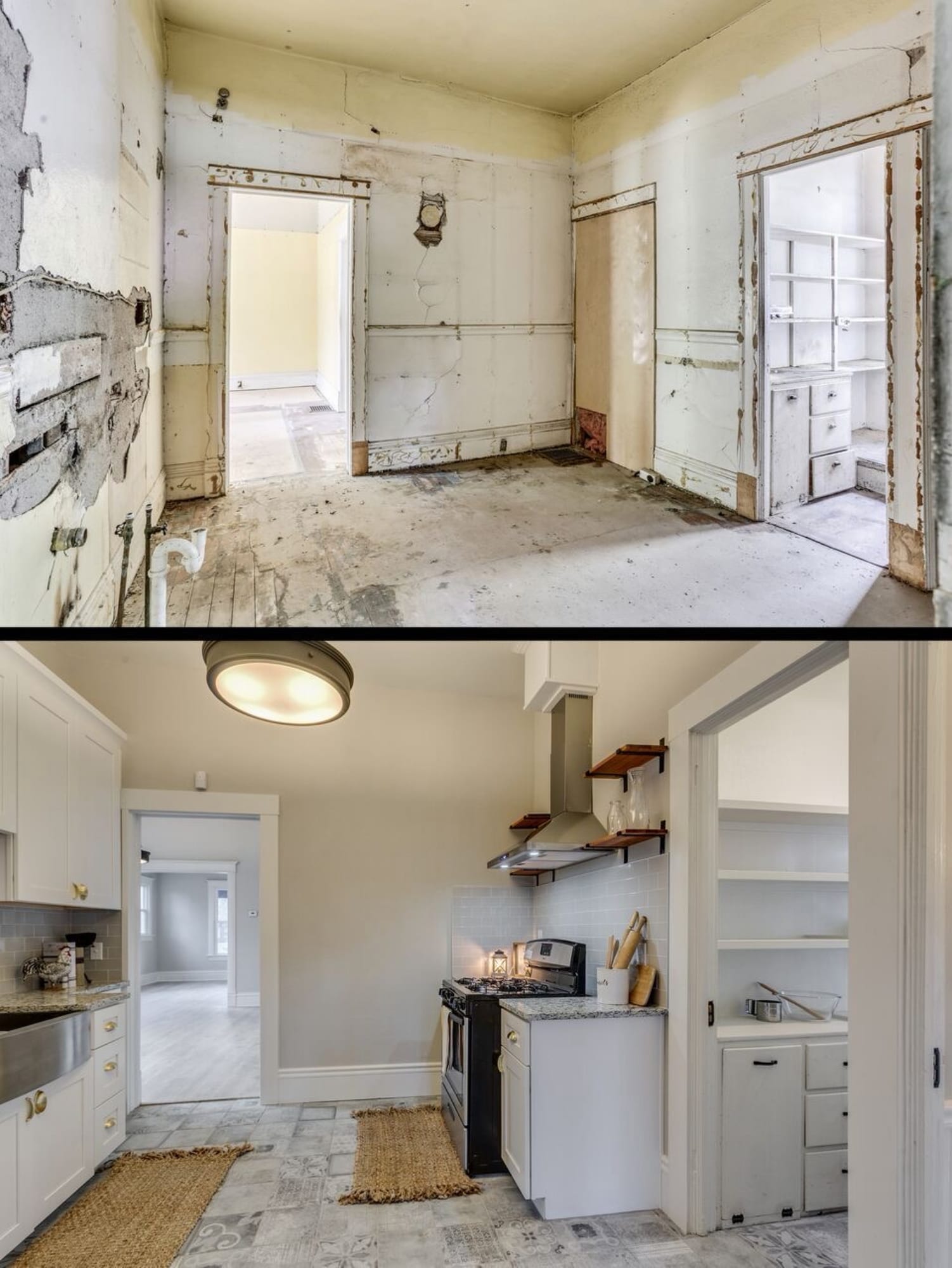 Kitchen before and after, from peeling walls to a clean finished kitchen