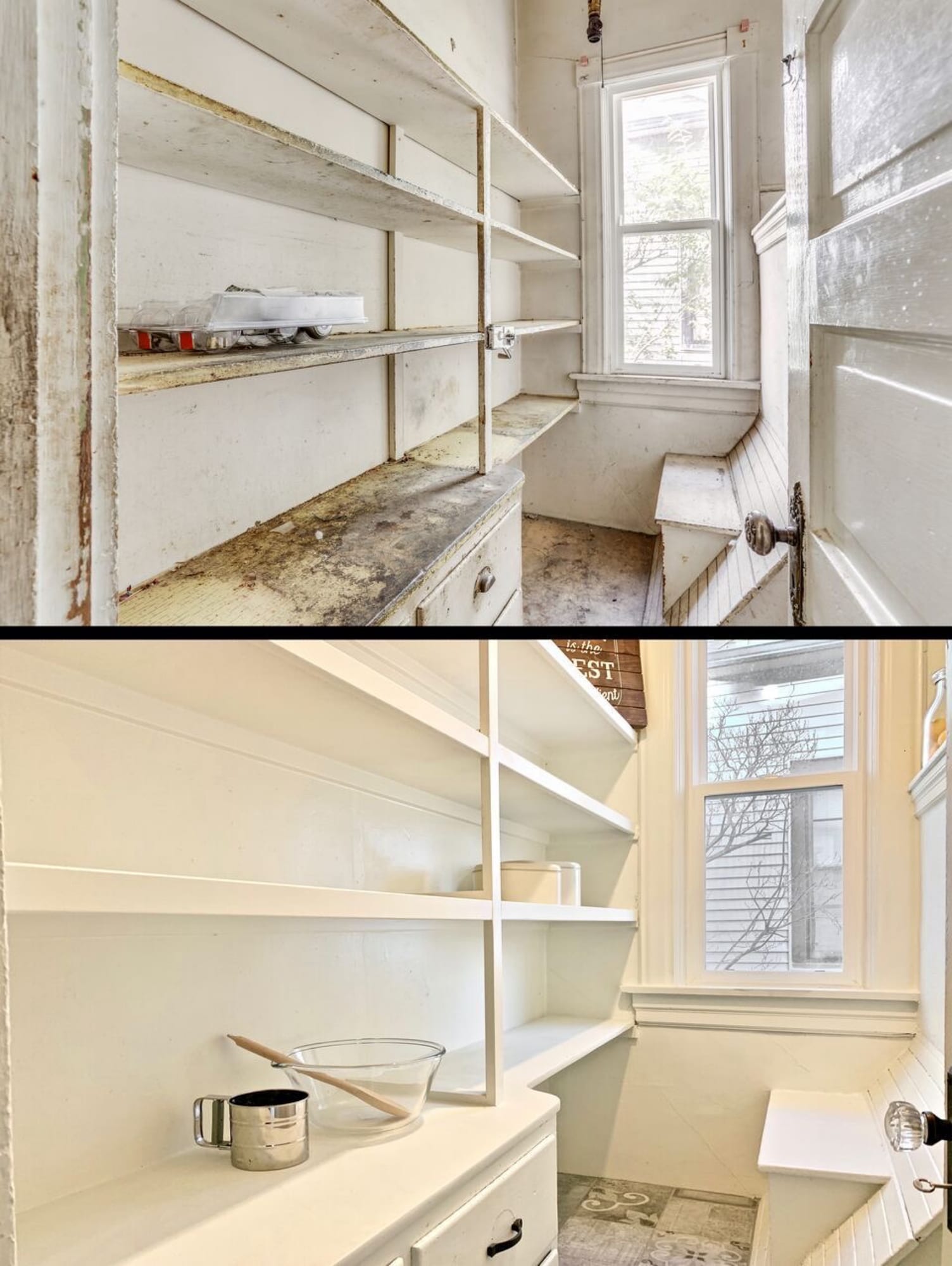 Kitchen before and after, from deteriorated to clean and refreshed