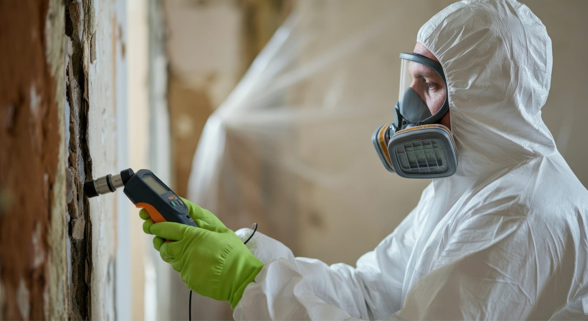 Technician checking a damaged wall with a moisture detector