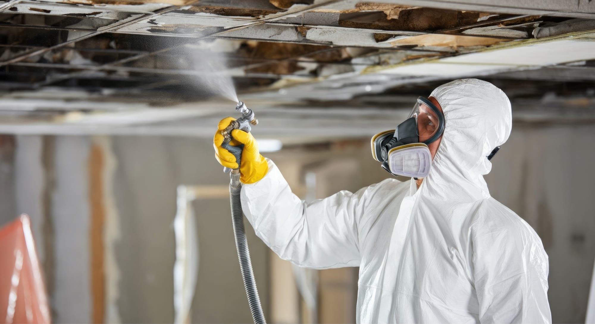 Worker in protective gear spraying treatment onto a mouldy ceiling