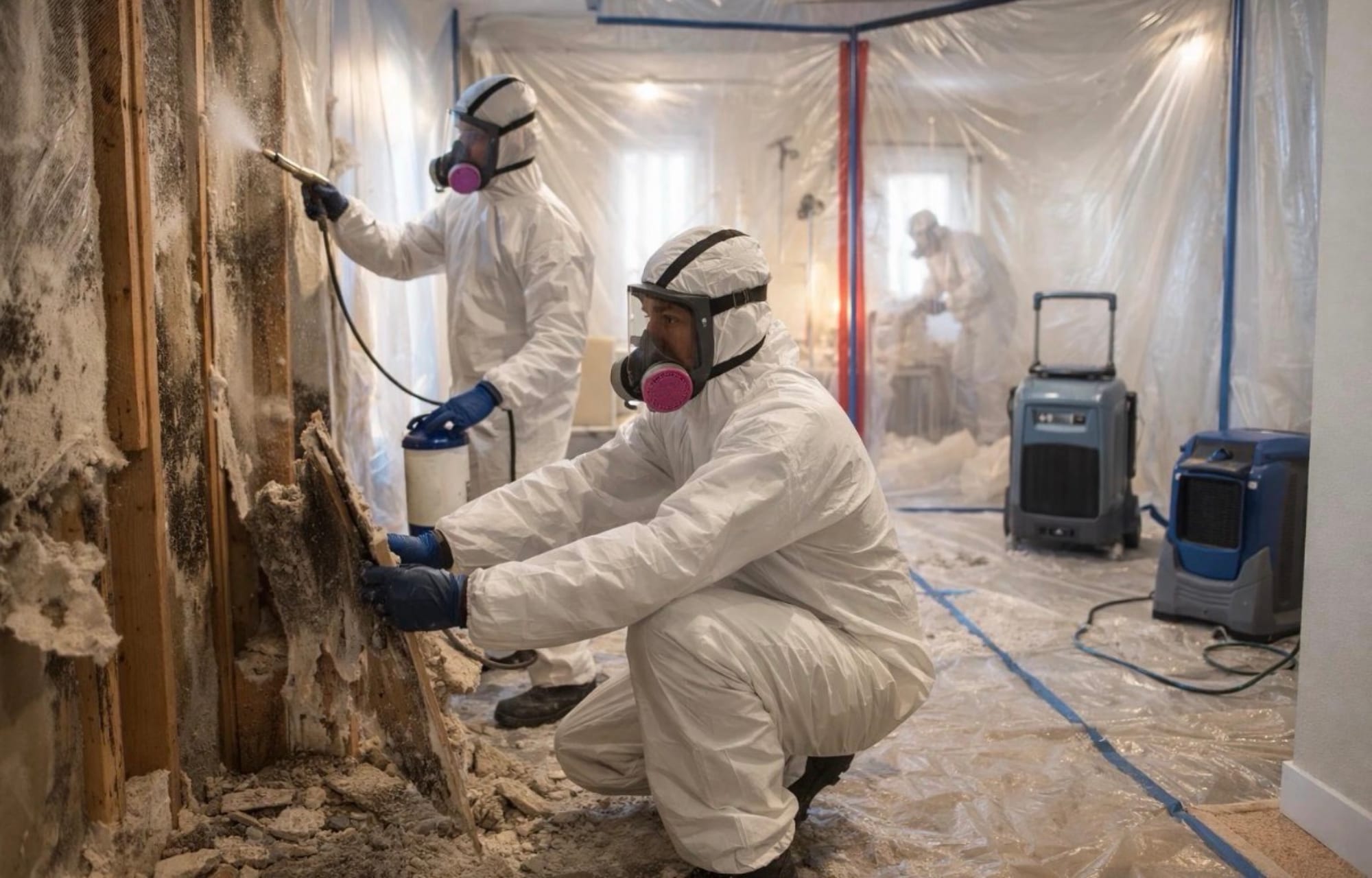 Workers in protective suits treating mouldy walls
