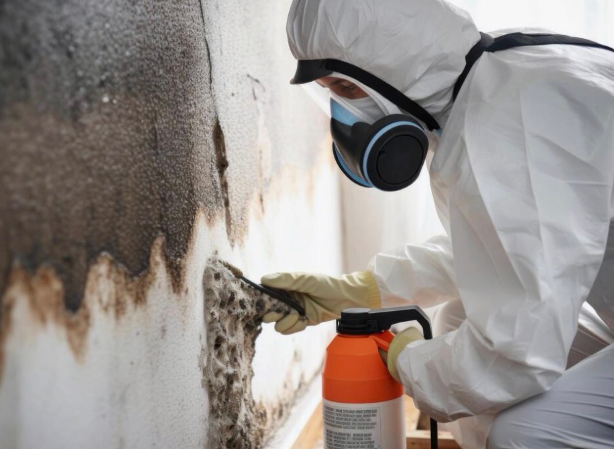 Worker spraying mould removal solution on a wall