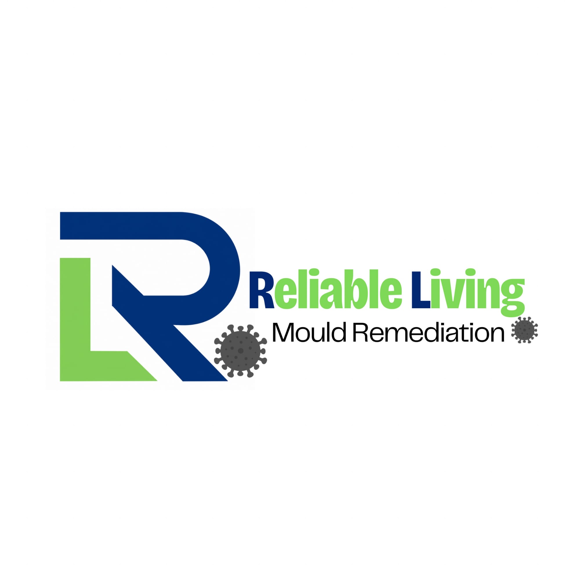 Reliable Living Mould Remediation logo, a navy and green RL monogram with a mould spore icon