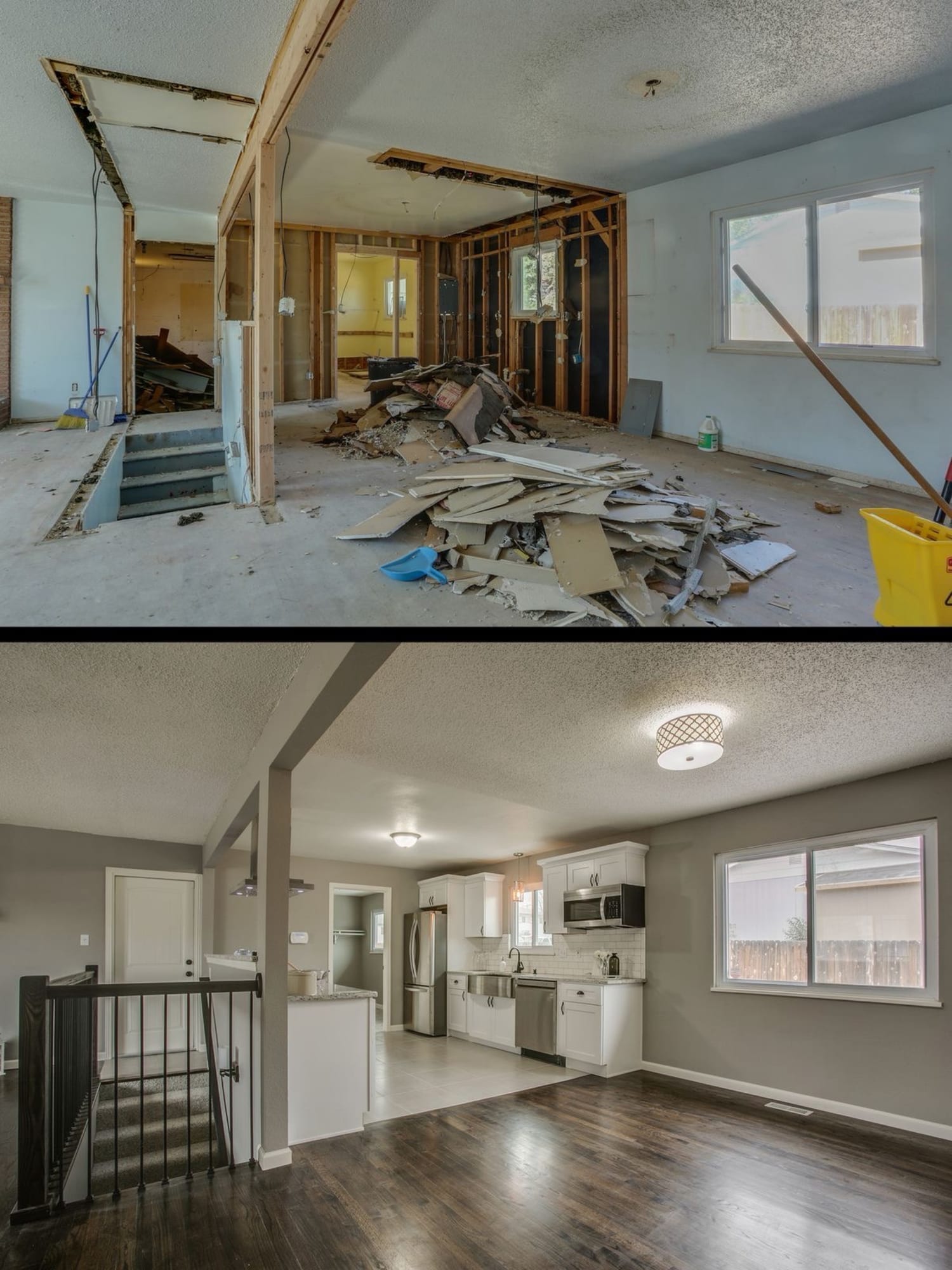 Open-plan space before and after, from exposed framing to a completed interior