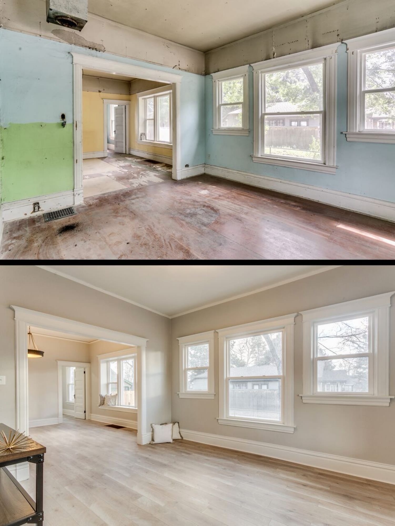 Residential room before and after, from unfinished to a finished living space