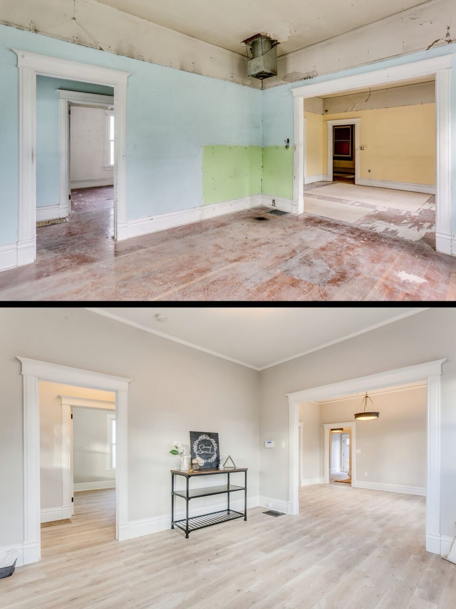 Open-plan living space before and after, from deteriorated walls and floors to a finished room